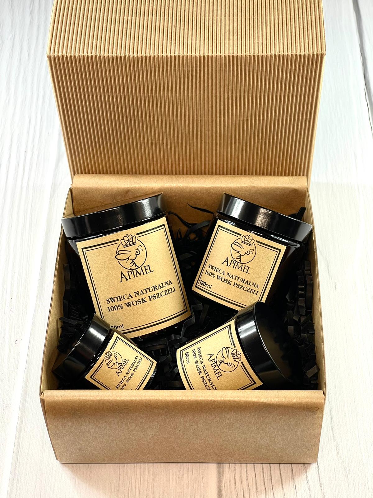 Świece z wosku pszczelego w szkle zestaw 30 ml, 60ml, 120ml, 180ml Apimel