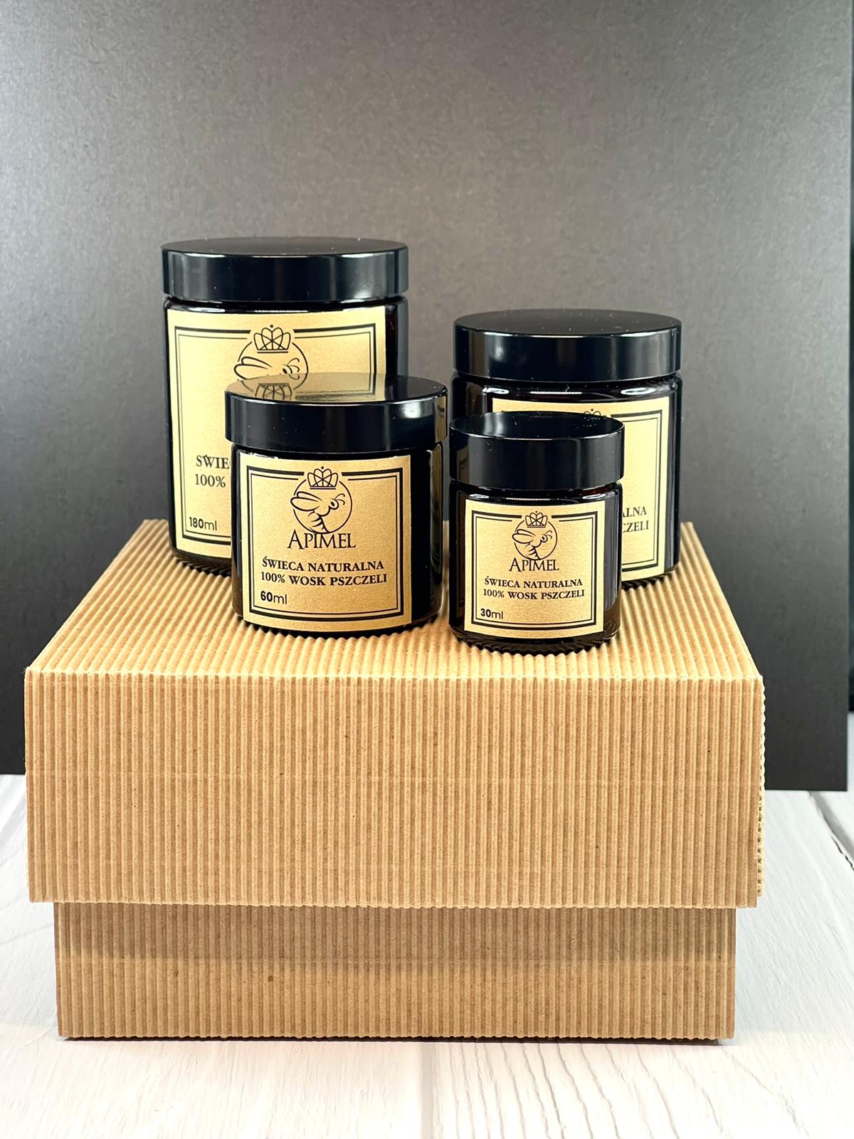 Świece z wosku pszczelego w szkle zestaw 30 ml, 60ml, 120ml, 180ml Apimel