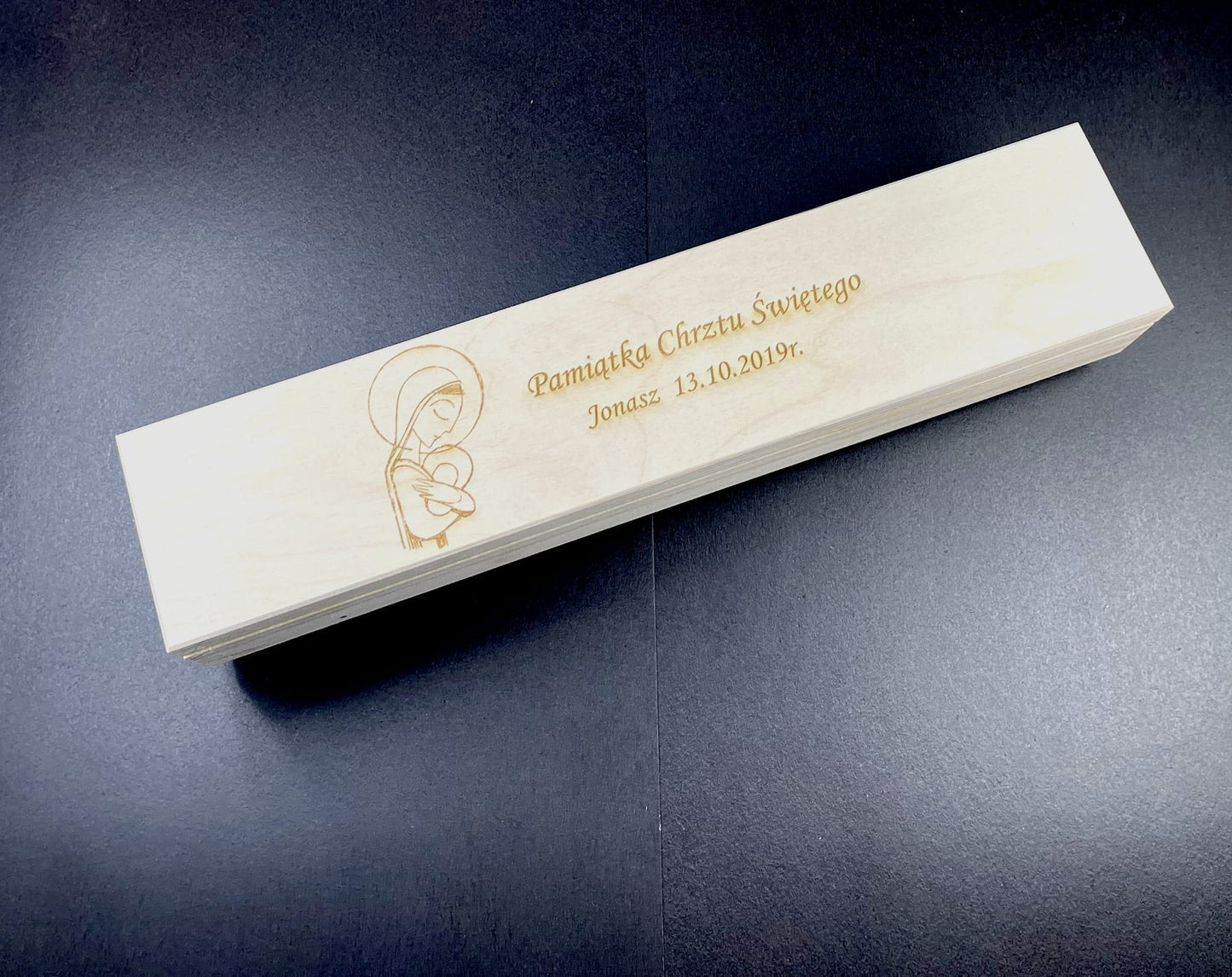 Personalizowane Drewniane Pudełko na Świecę do Chrztu Matka Boska